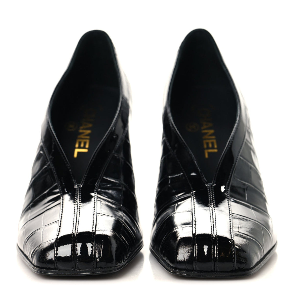 Crocodile Embossed Patent Calfskin Pumps 38 Black