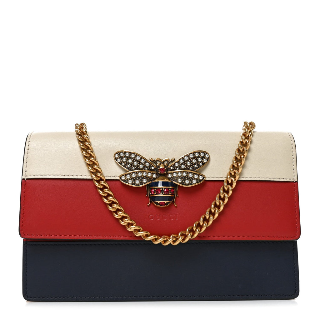 Calfskin Queen Margaret Chain Wallet Blue Agata Hibiscus Red Mystic White