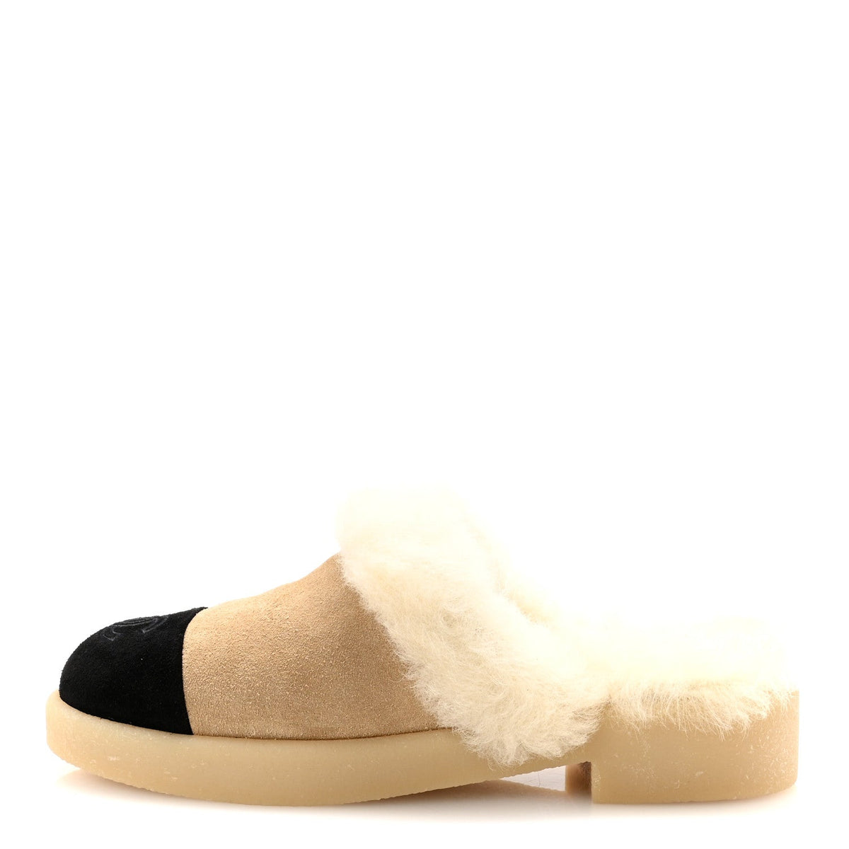 Suede Shearling CC Cap Toe Mules 36 Beige Black