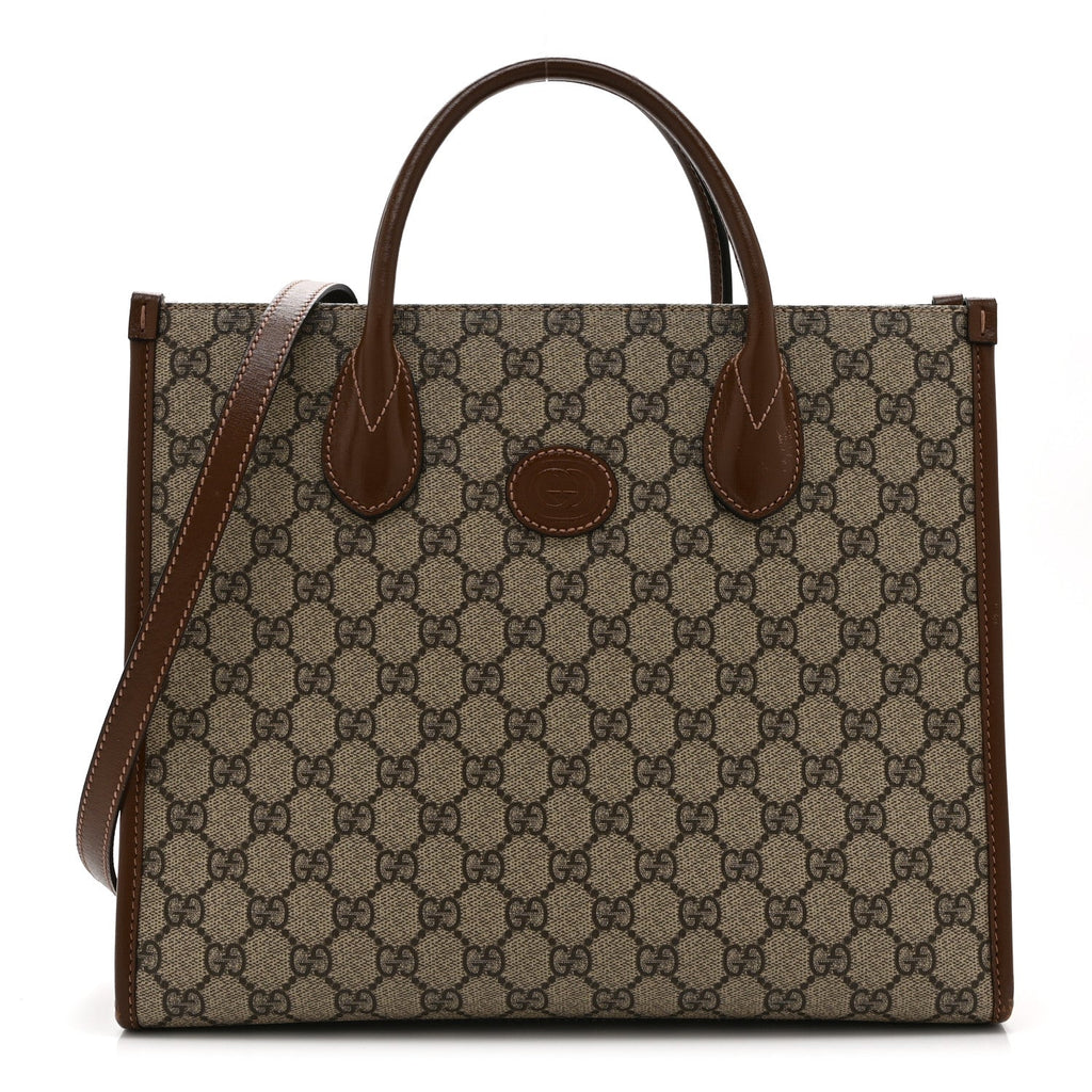 GG Supreme Monogram Azalea Calfskin Small Retro Interlocking G Tote Bag Beige Ebony Brown Sugar