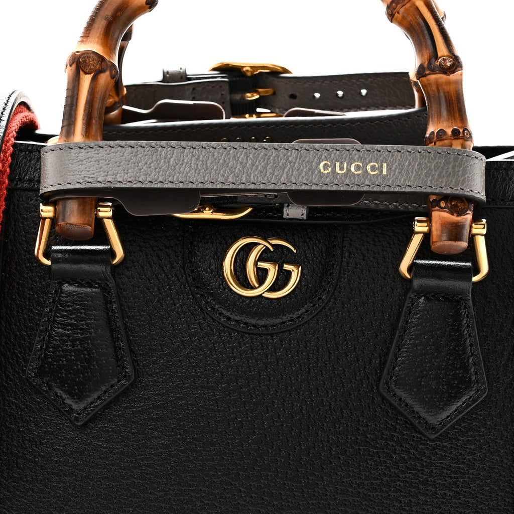 Textured Dollar Calfskin Web Mini Diana Tote Bag Black