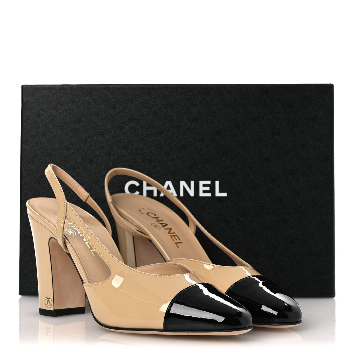 Patent Calfskin Cap Toe CC Slingback Pumps 40 Beige Black