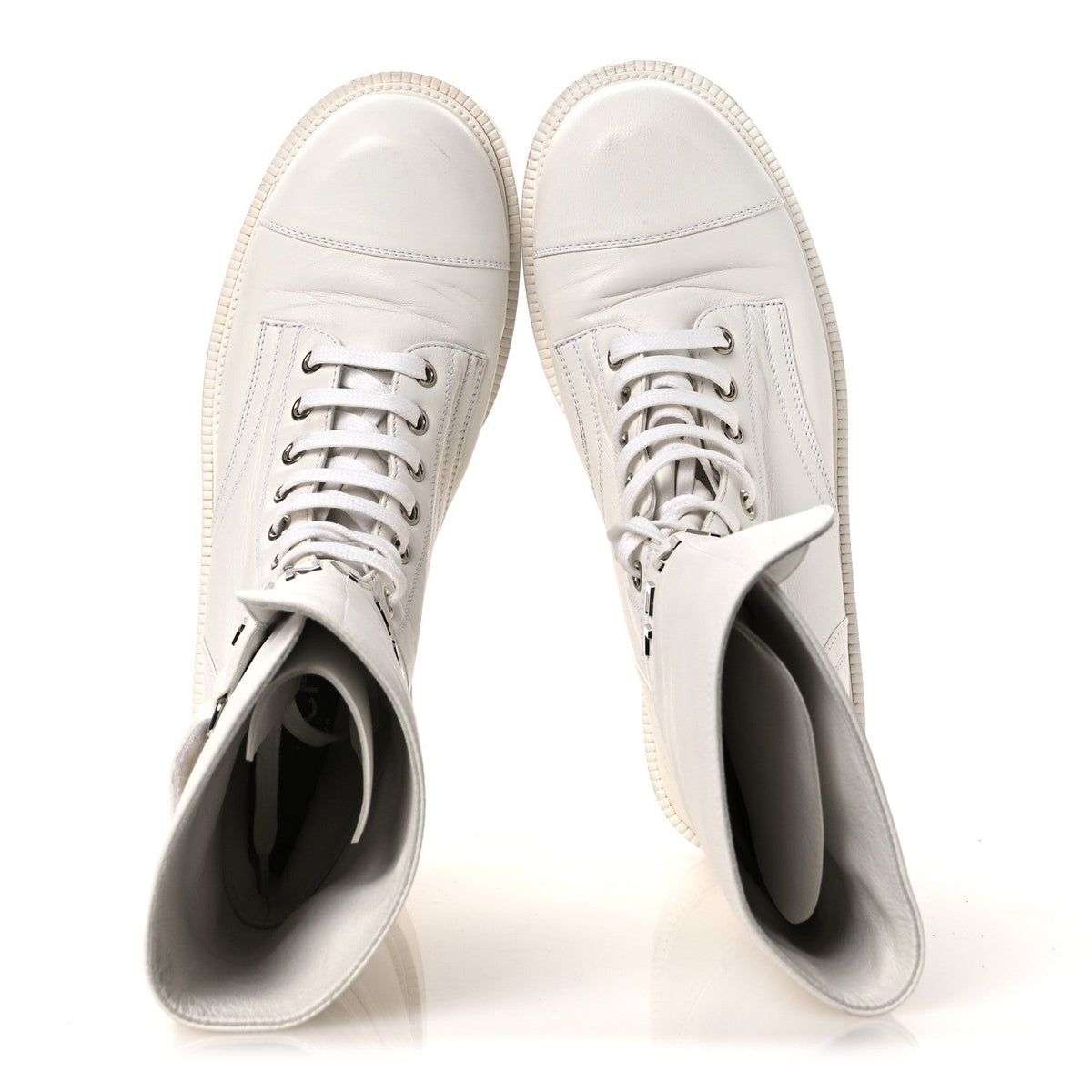 Calfskin Lace Up Logo Mid Calf Combat Boots 38.5 White Black