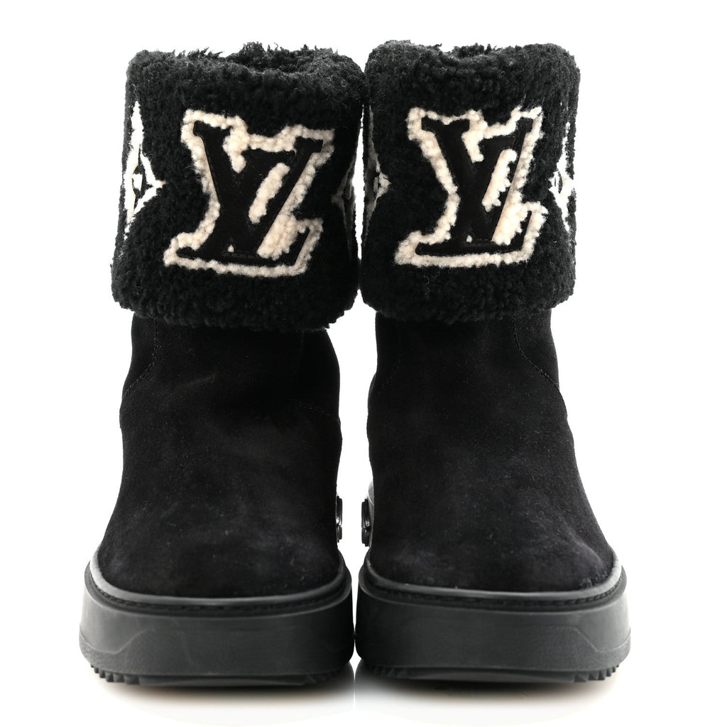 Suede Calfskin Shearling Snowdrop Flat Ankle Boot 37.5 Black