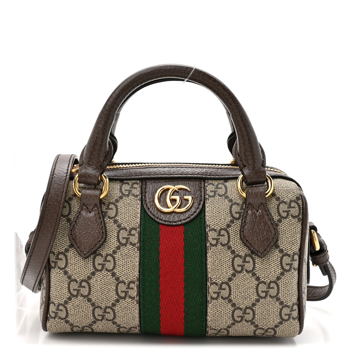 GG Supreme Monogram Textured Dollar Calfskin Web Super Mini Ophidia Top Handle Bowler Bag Beige Ebony New Acero