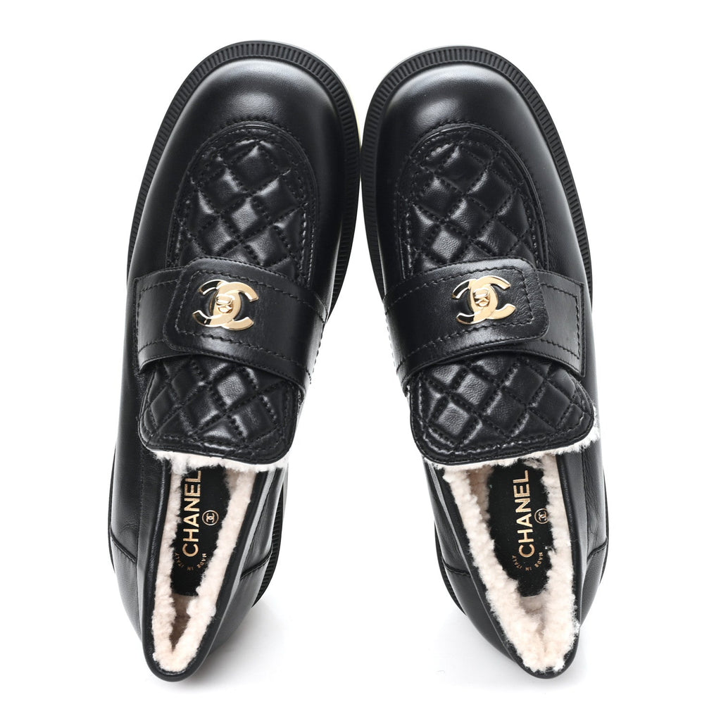 Lambskin Shearling Quilted CC Turnlock Loafers 39 Black
