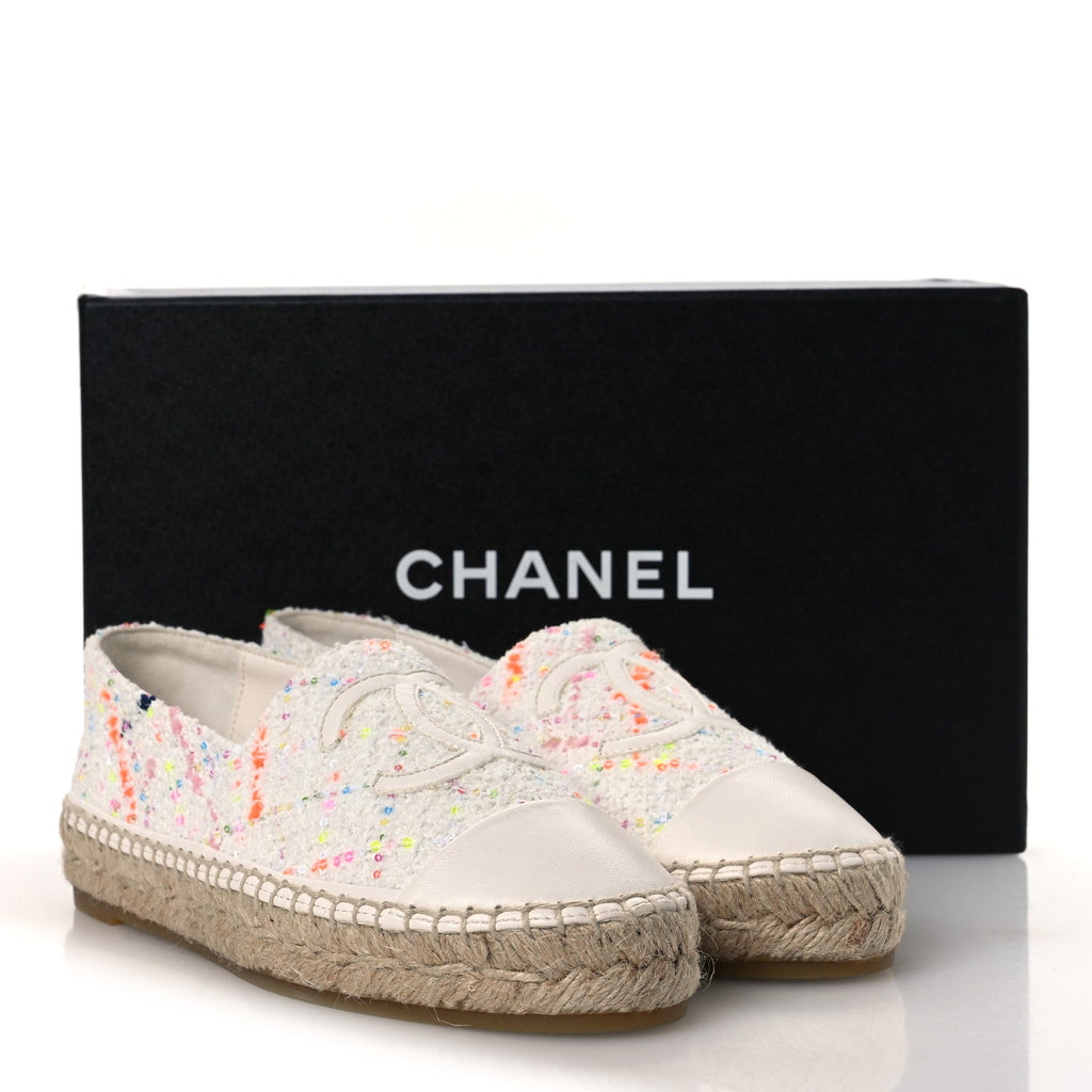 Glittered Tweed Lambskin CC Espadrilles 36  White Multicolor