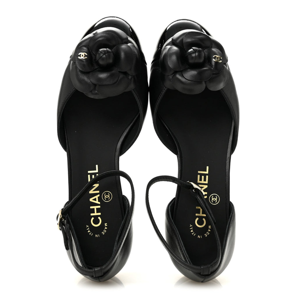 Lambskin Patent Calfskin Cap Toe Camellia Mary Jane Flats 36 Black