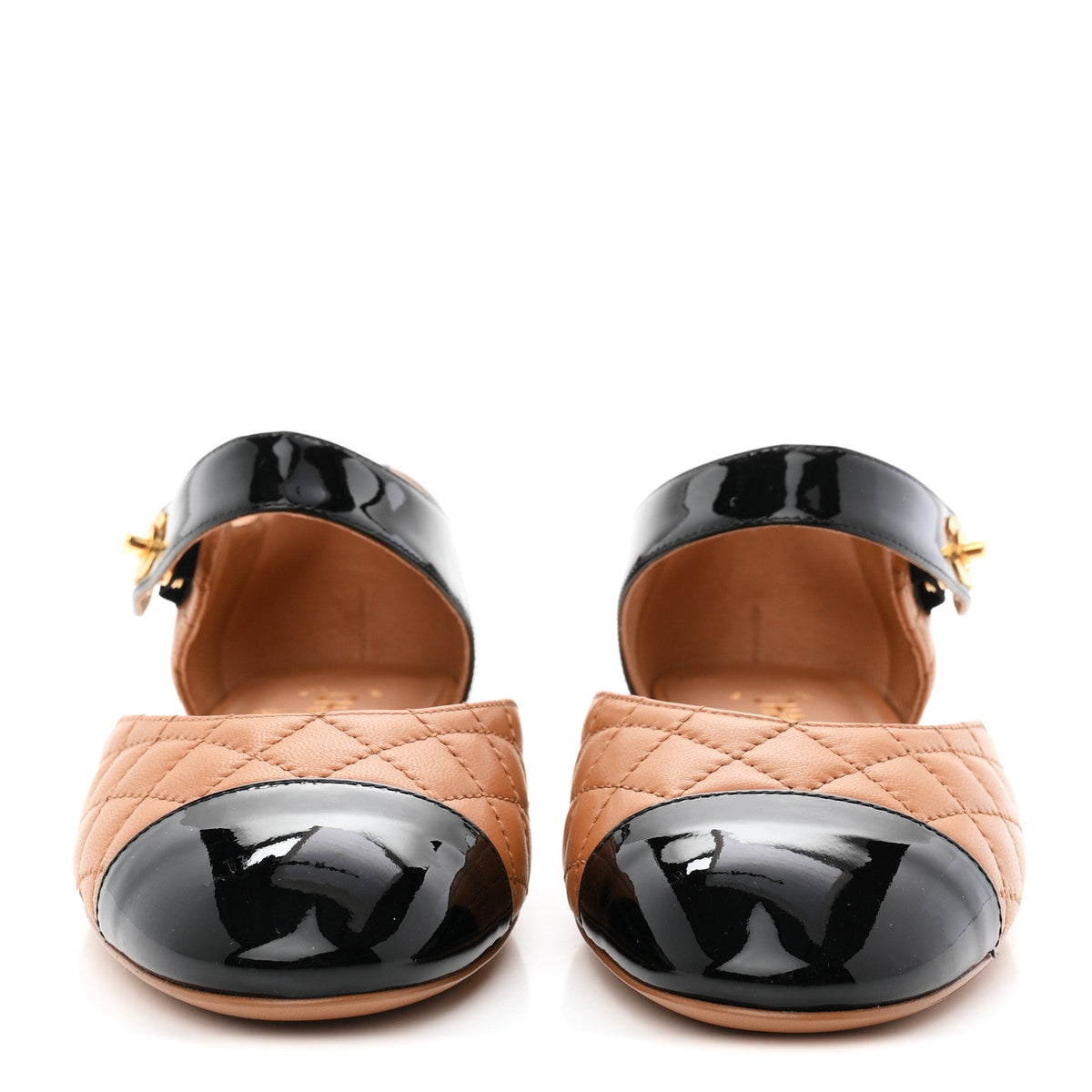 Patent Lambskin Quilted Cap Toe Ballerina Flats 36 Light Brown Black