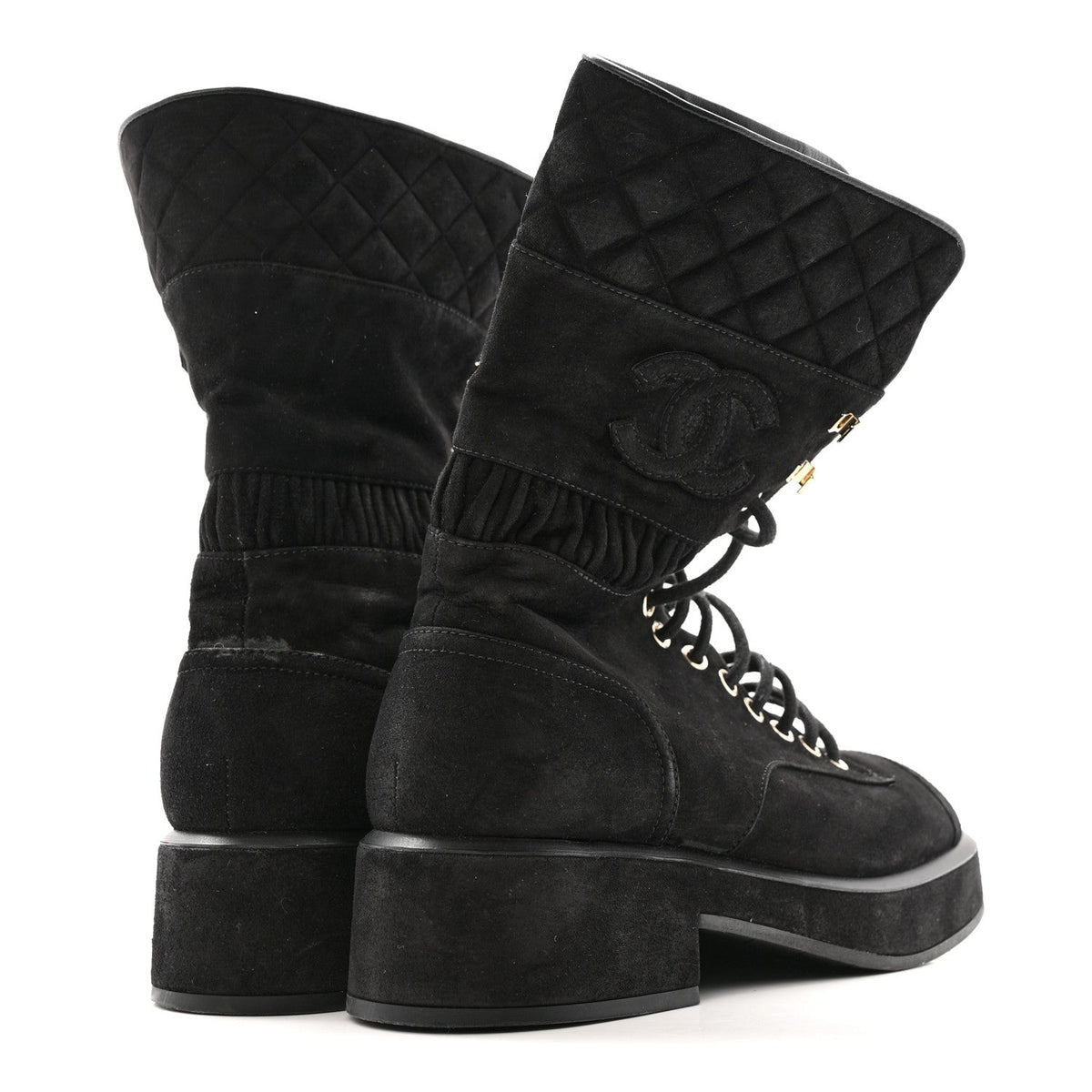 Suede Quilted Lace Up Combat Boots 38.5 Black