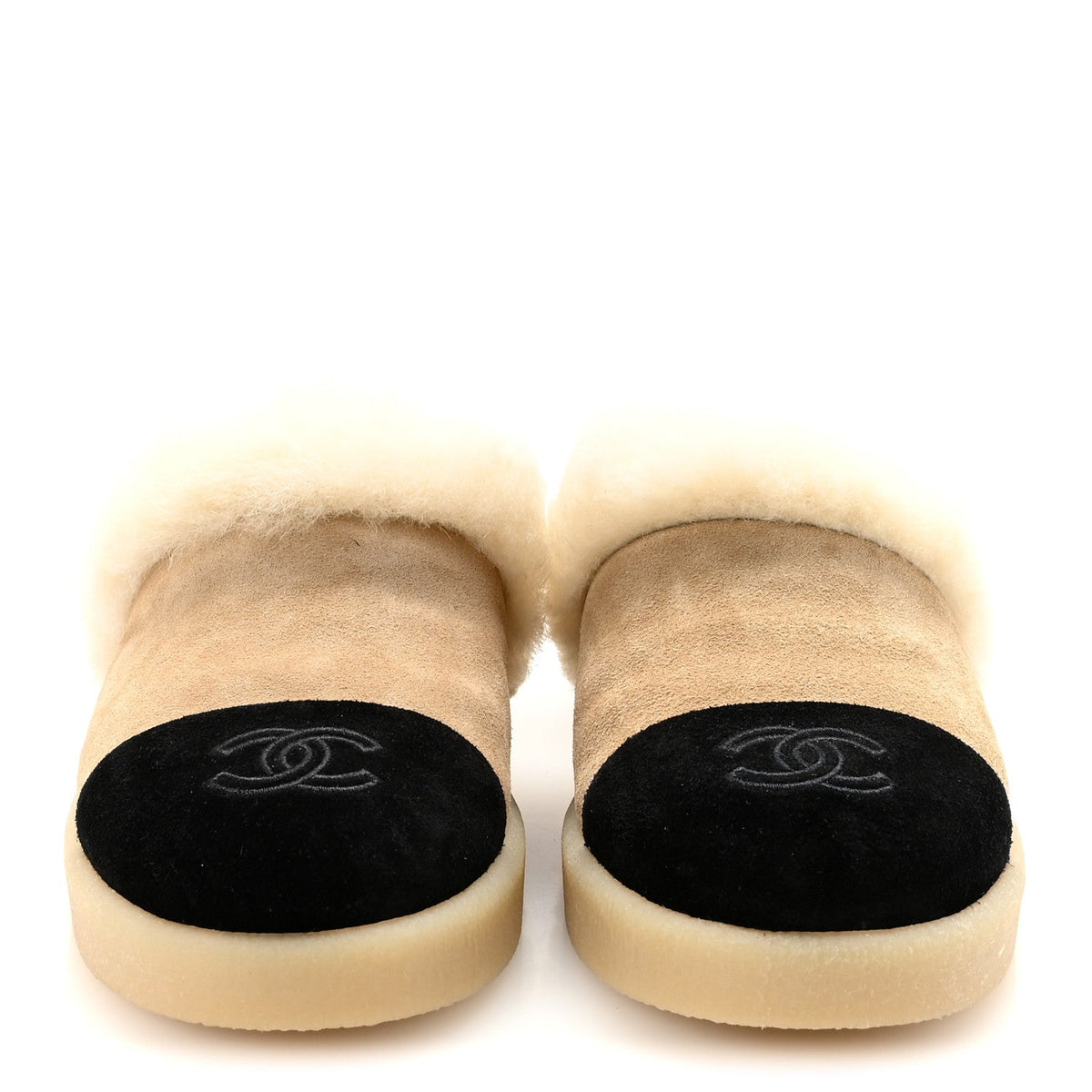 Suede Shearling CC Cap Toe Mules 36 Beige Black