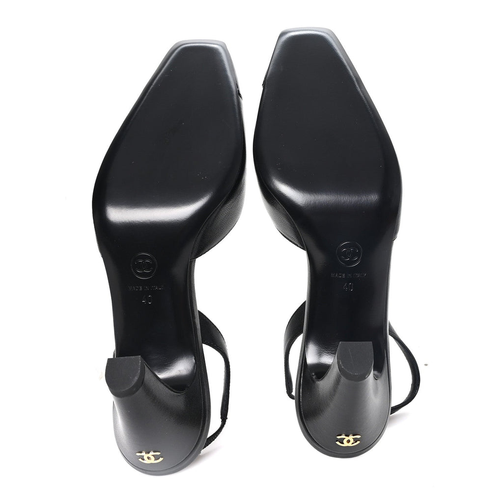 Lambskin Patent Calfskin Cap Toe CC Slingback Pumps 40 Black