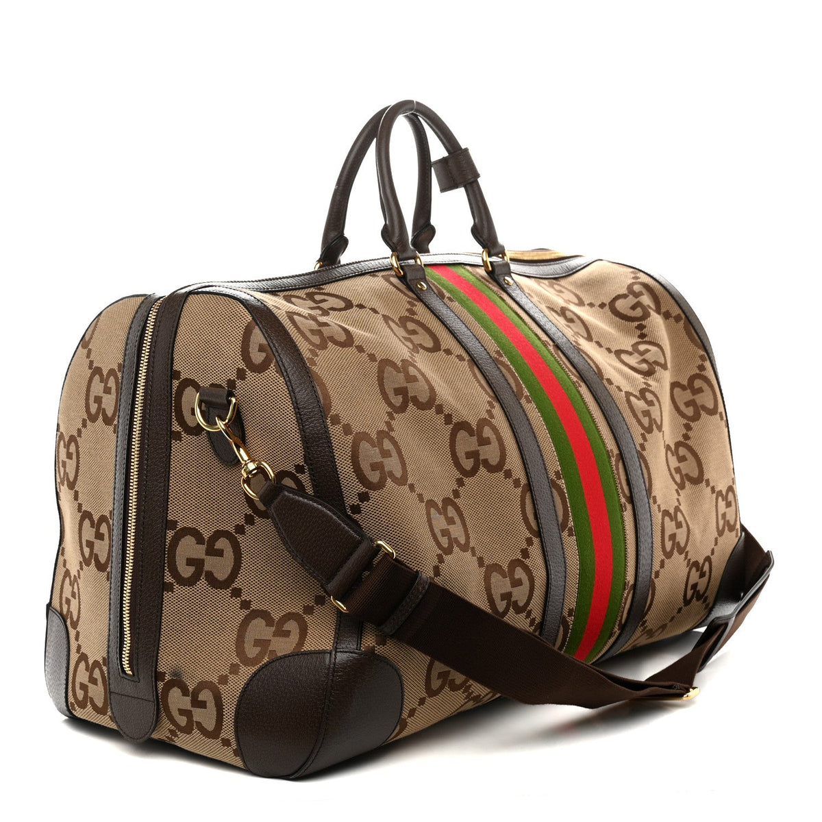 Monogram Jumbo GG Textured Dollar Calfskin Web Maxi Duffle Bag Camel Ebony