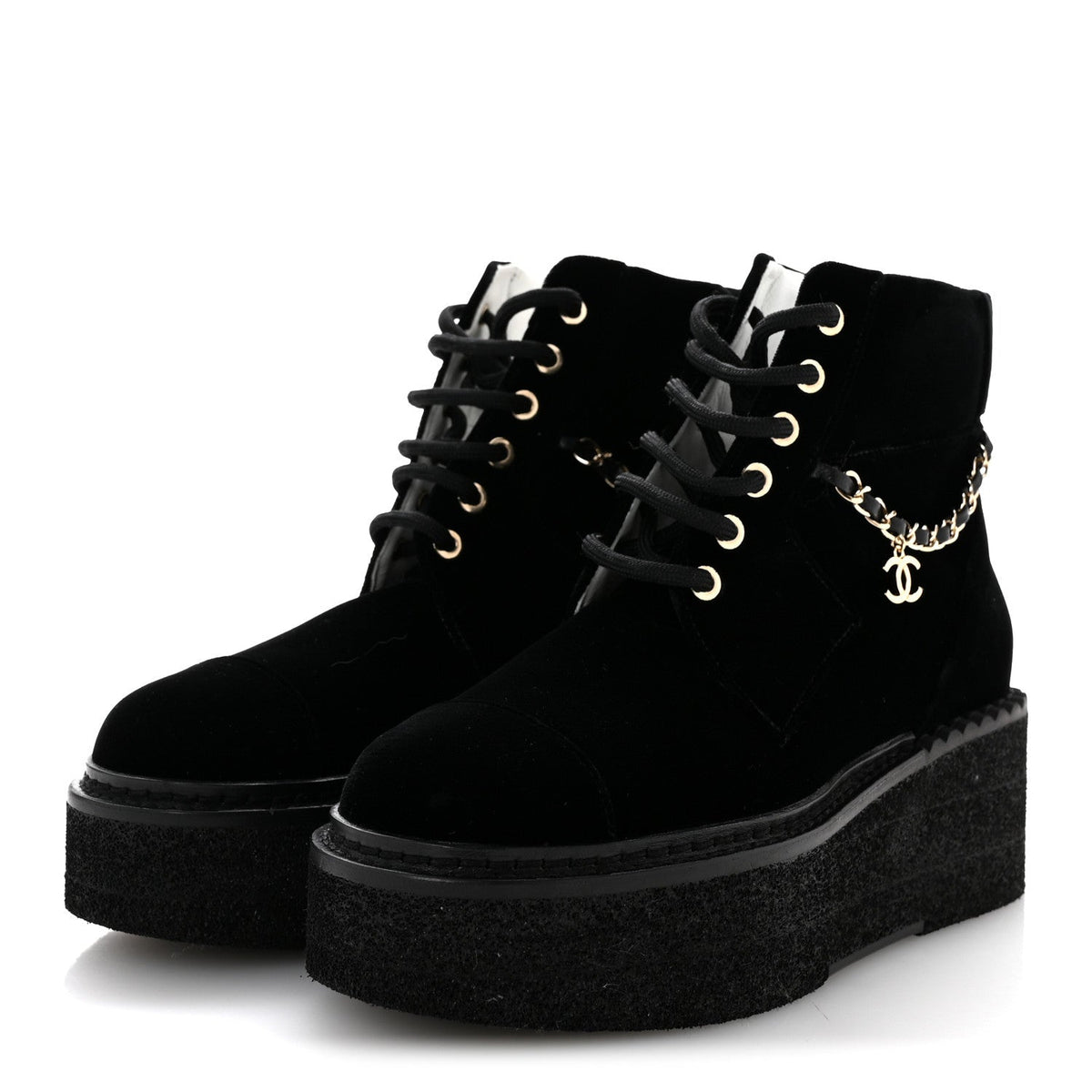Velvet Chain Lace Up CC Short Boots 35.5 Black