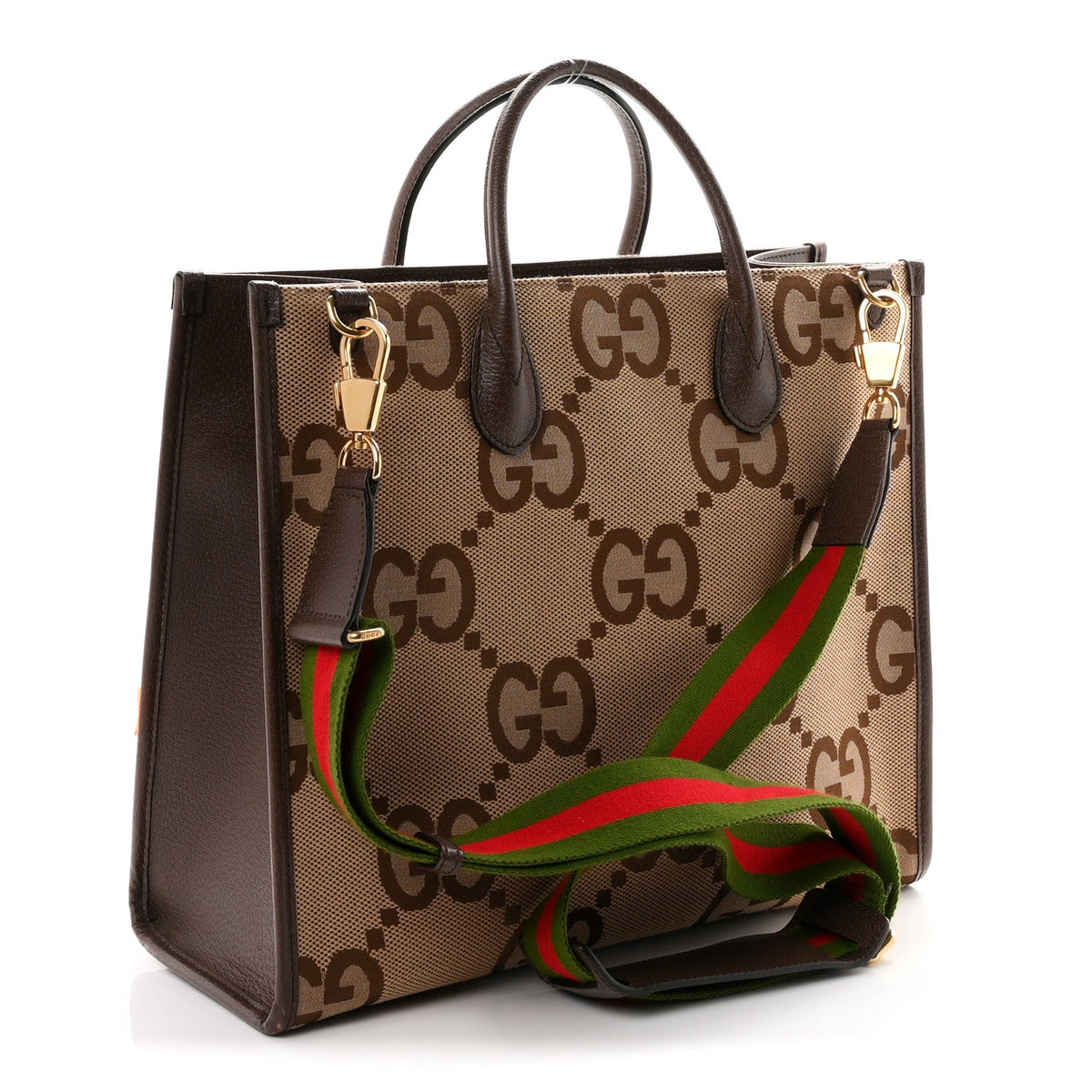 Monogram Jumbo GG Textured Dollar Calfskin Web Tote Bag Camel Ebony New Acero