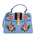 Calfskin Embroidered Medium Sylvie Top Handle Bag Clear Sky Blue