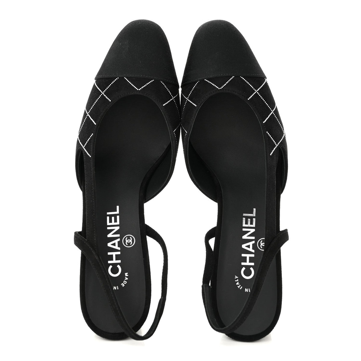Suede Crystal Grosgrain Cap Toe CC Slingback Pumps 38 Black Silver