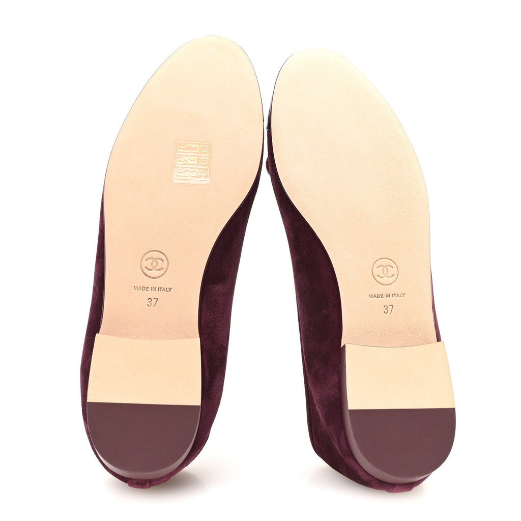 Suede Patent Calfskin Cap Toe CC Ballerina Flats 37 Burgundy