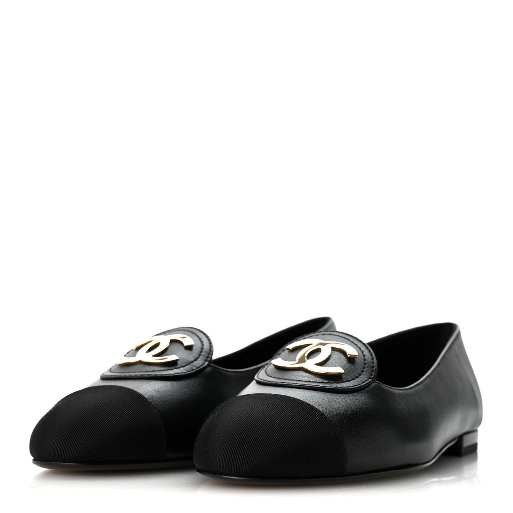 Calfskin Grosgrain Cap Toe CC Moccasin Loafers 37 Black
