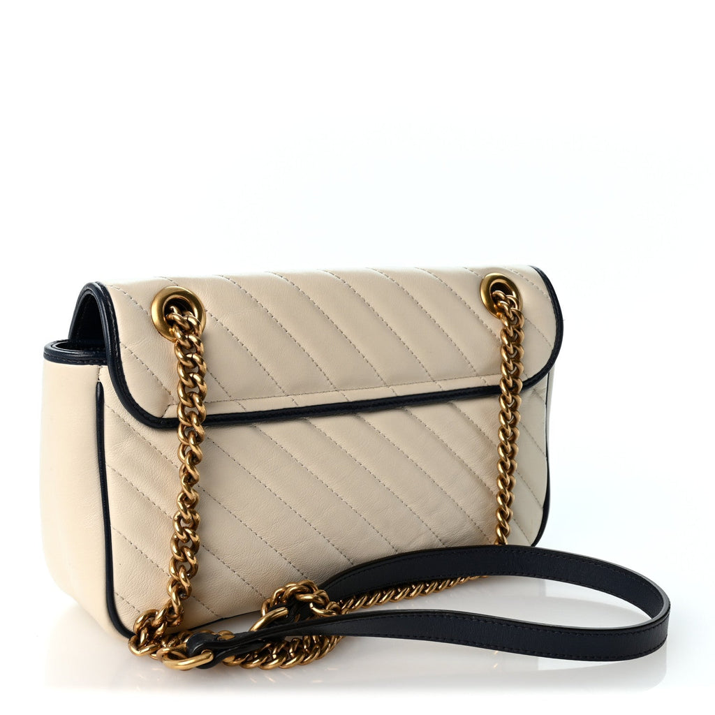 Vintage Effect Calfskin Matelasse Diagonal Small Torchon GG Marmont Shoulder Bag Mystic White Blue Agata