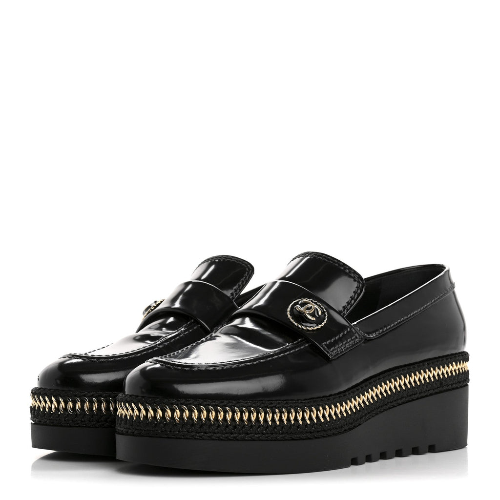 Shiny Calfskin Platform Loafers 37 Black