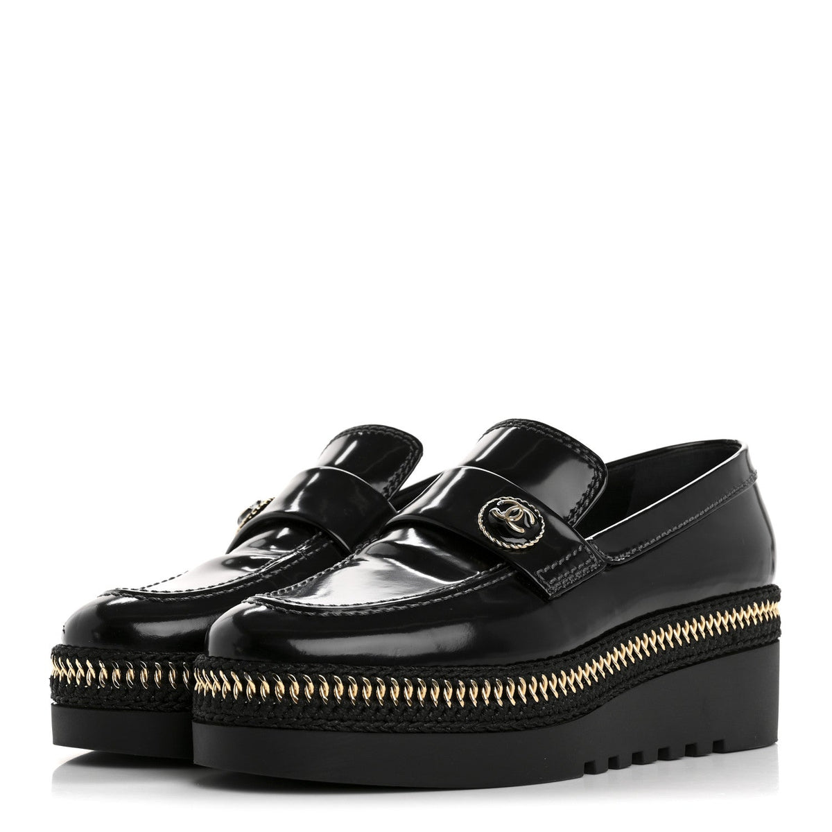 Shiny Calfskin Platform Loafers 37 Black