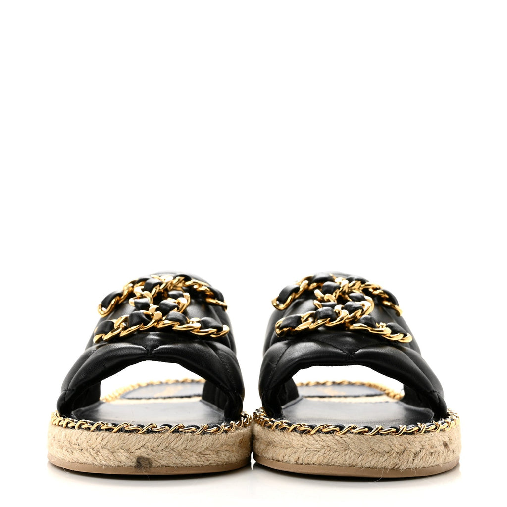 Lambskin Quilted CC Chain Espadrille Mules 38 Black Navy