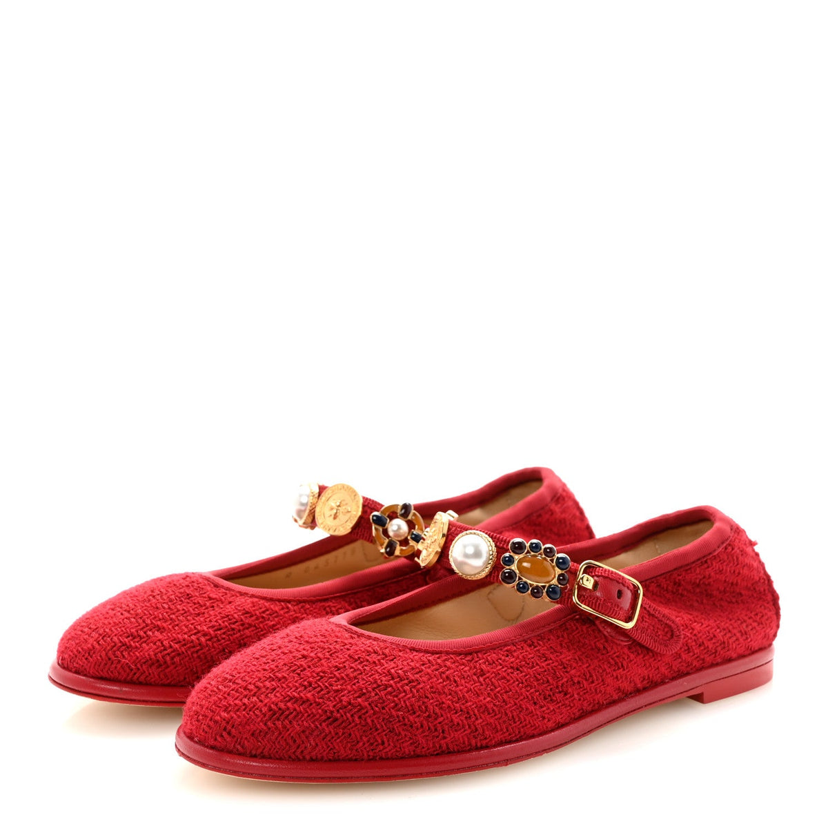 Wool Tweed Patent Mary Jane Flats 36 Red
