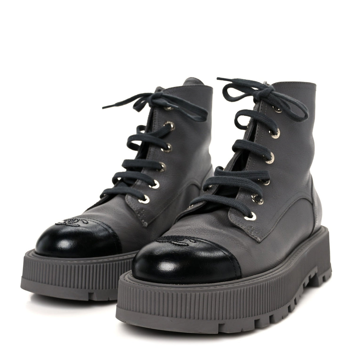 Grained Calfskin Shiny Calfskin CC Lace Up Combat Boots 41 Gray Black