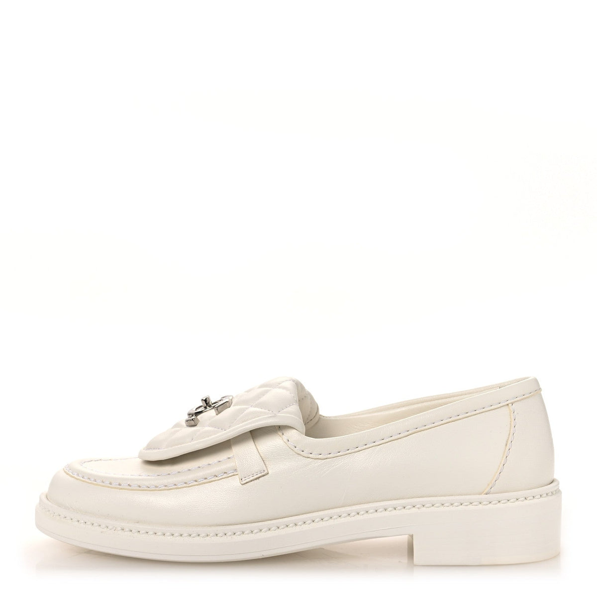Shiny Lambskin Quilted CC Turnlock Loafers 37.5 White