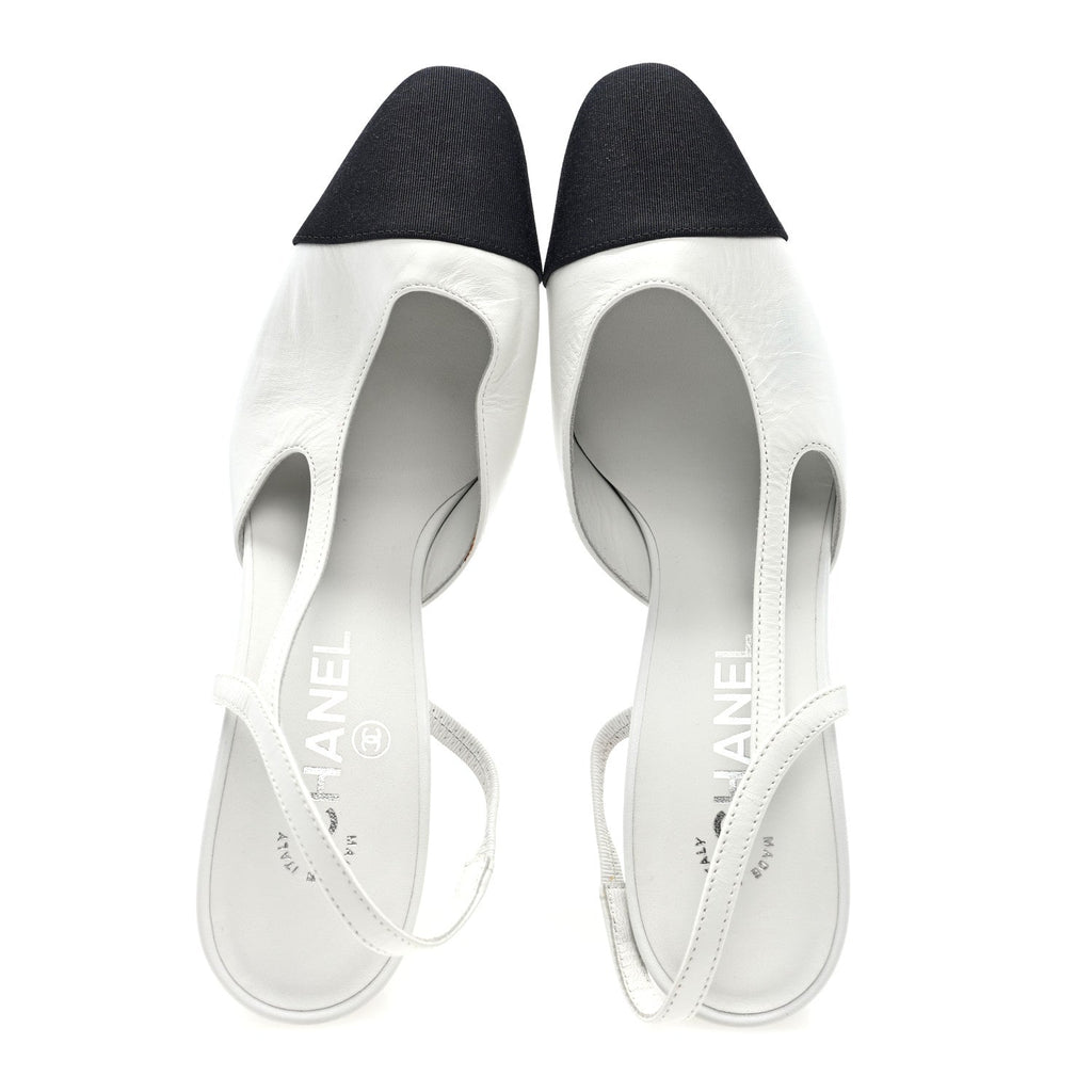 Goatskin Grosgrain Cap Toe CC Slingback Pumps 39 White Black