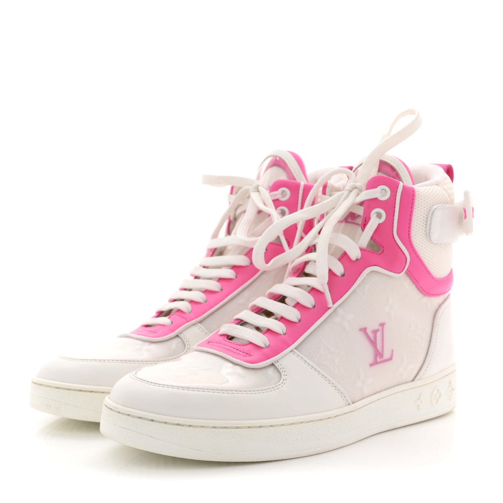 Calfskin Nylon Mesh Monogram Womens Boombox High Top Sneakers 39 White Pink
