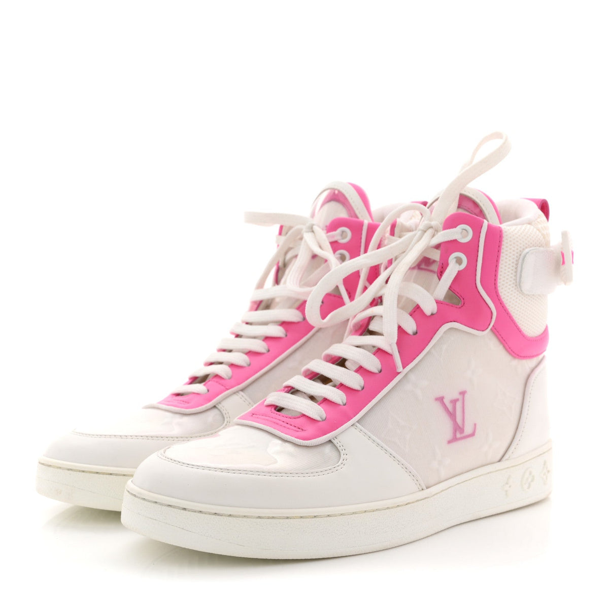 Calfskin Nylon Mesh Monogram Womens Boombox High Top Sneakers 39 White Pink