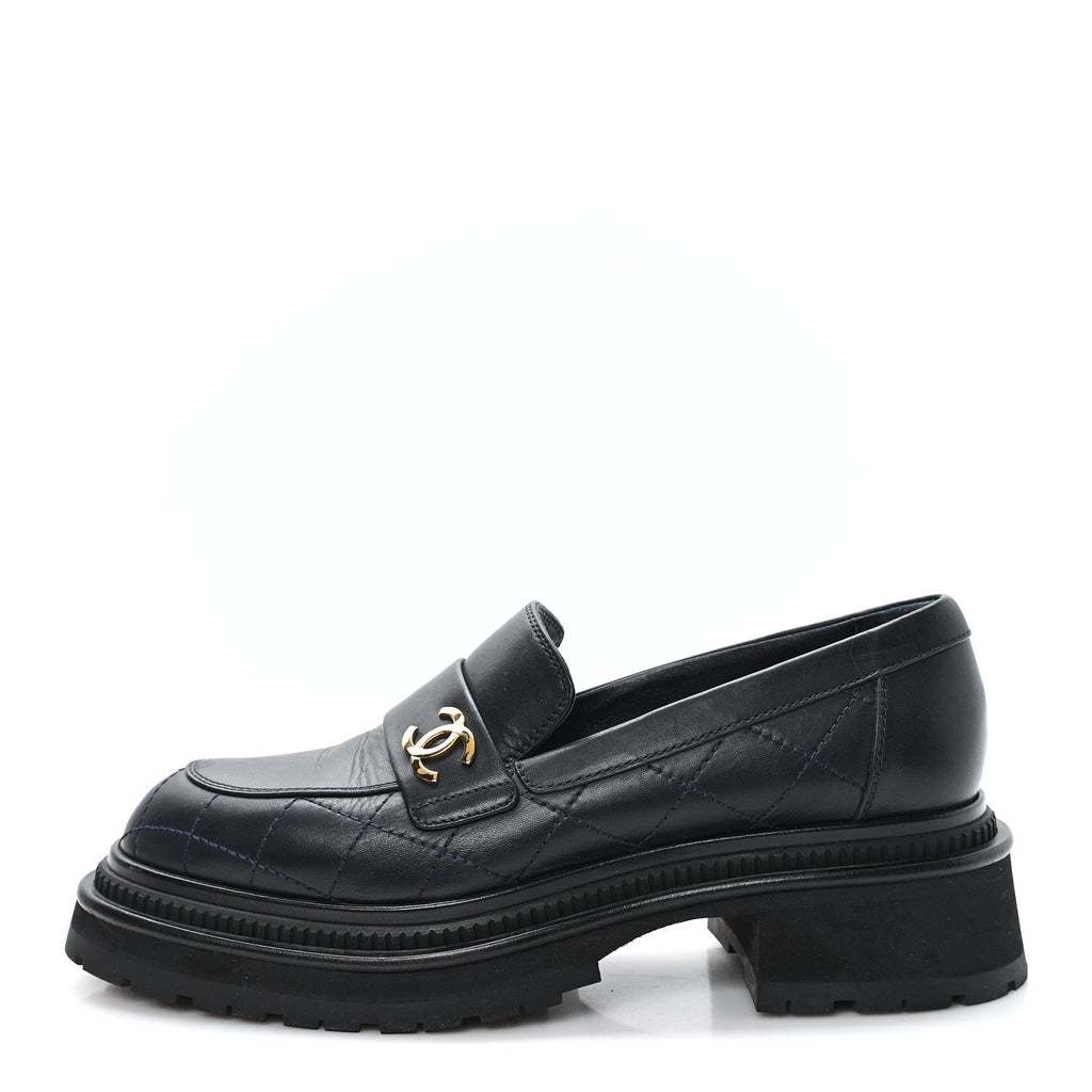 Calfskin Quilted CC Mocassin Loafers 38 Black