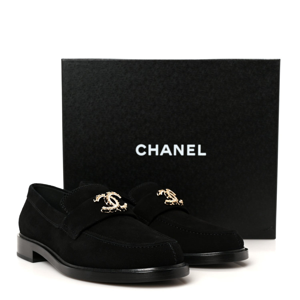 Suede Kidskin Crystal CC Loafers 38 Black