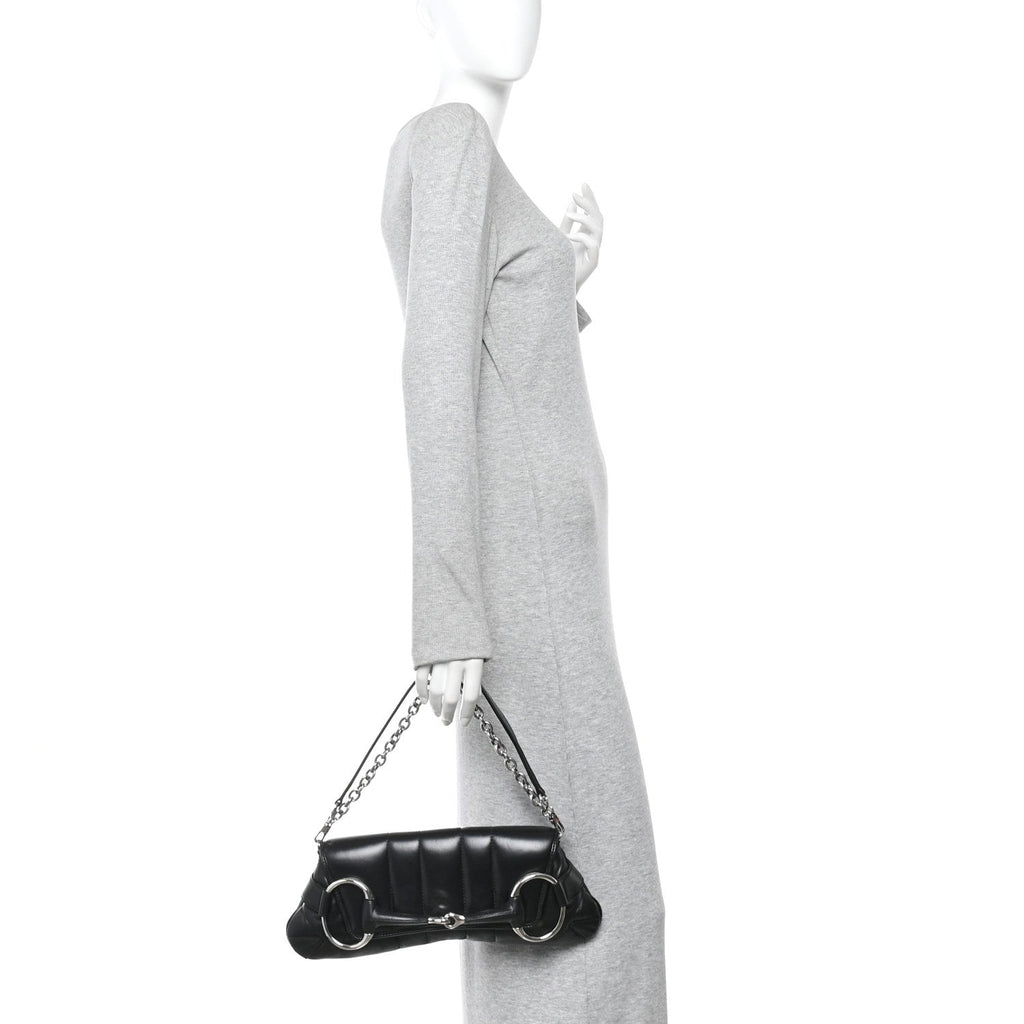 Nappa Vertical Matelasse Medium Maxi Horsebit Chain Shoulder Bag Black