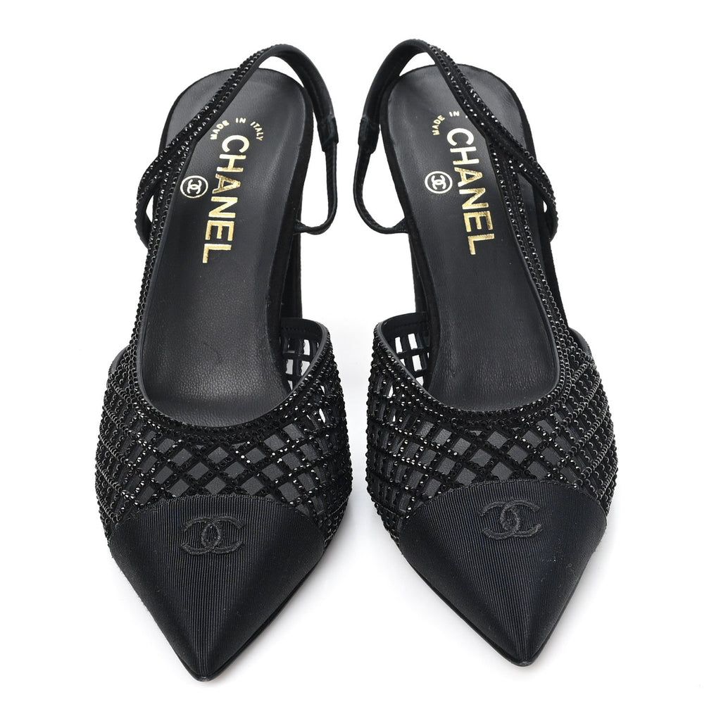 Suede Strass Grosgrain Cap Toe CC Slingback Pumps 39 Black