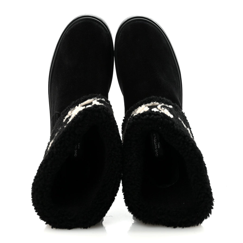 Suede Calfskin Shearling Snowdrop Flat Ankle Boot 37.5 Black