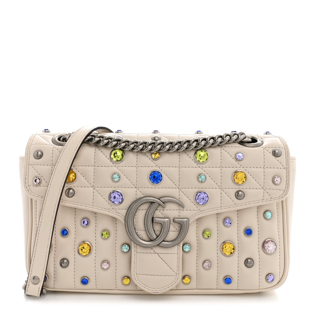 Calfskin Crystal Matelasse Aria Small GG Marmont Shoulder Bag Mystic White Multicolor