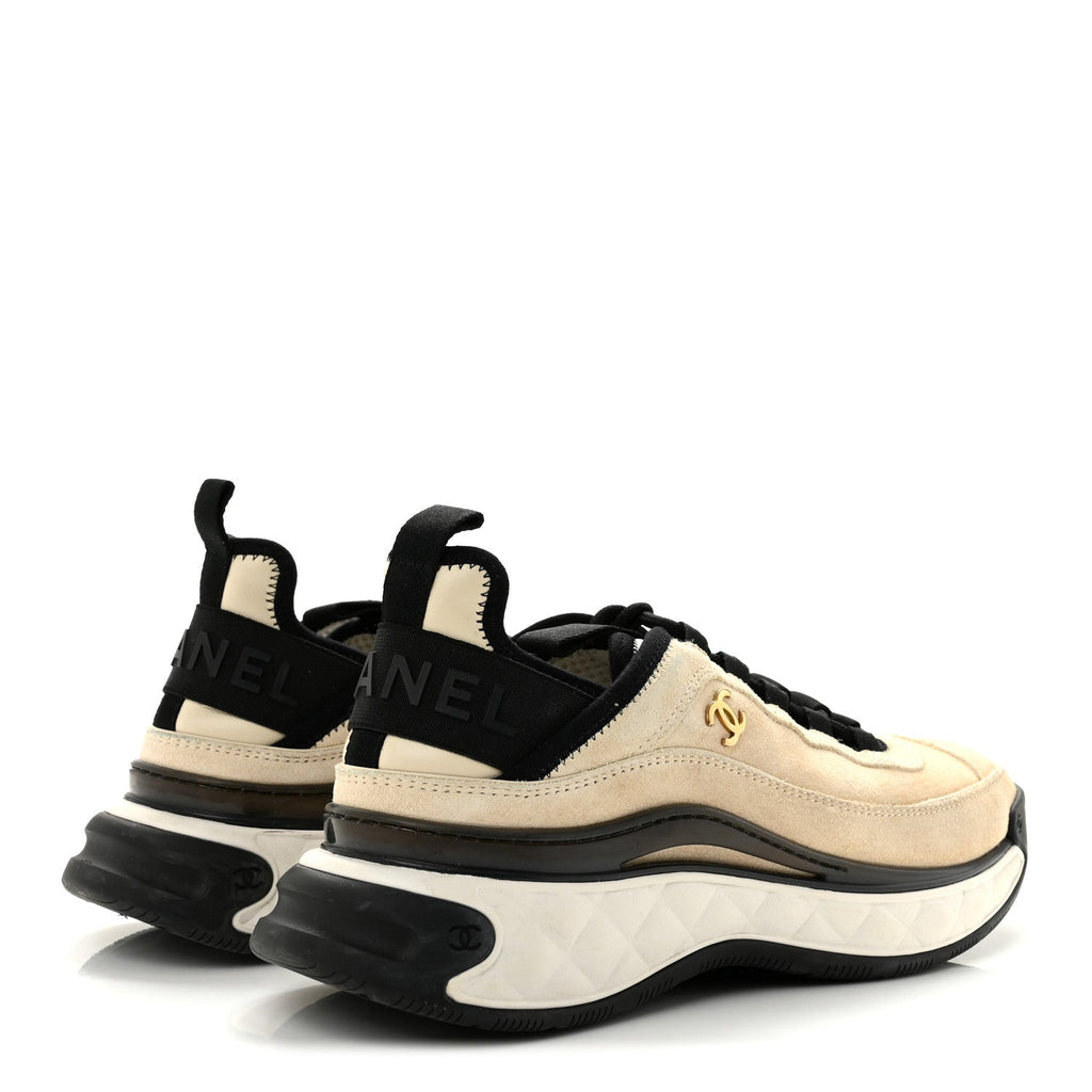 Suede Calfskin Nylon Grosgrain CC Sneakers 38.5 Beige