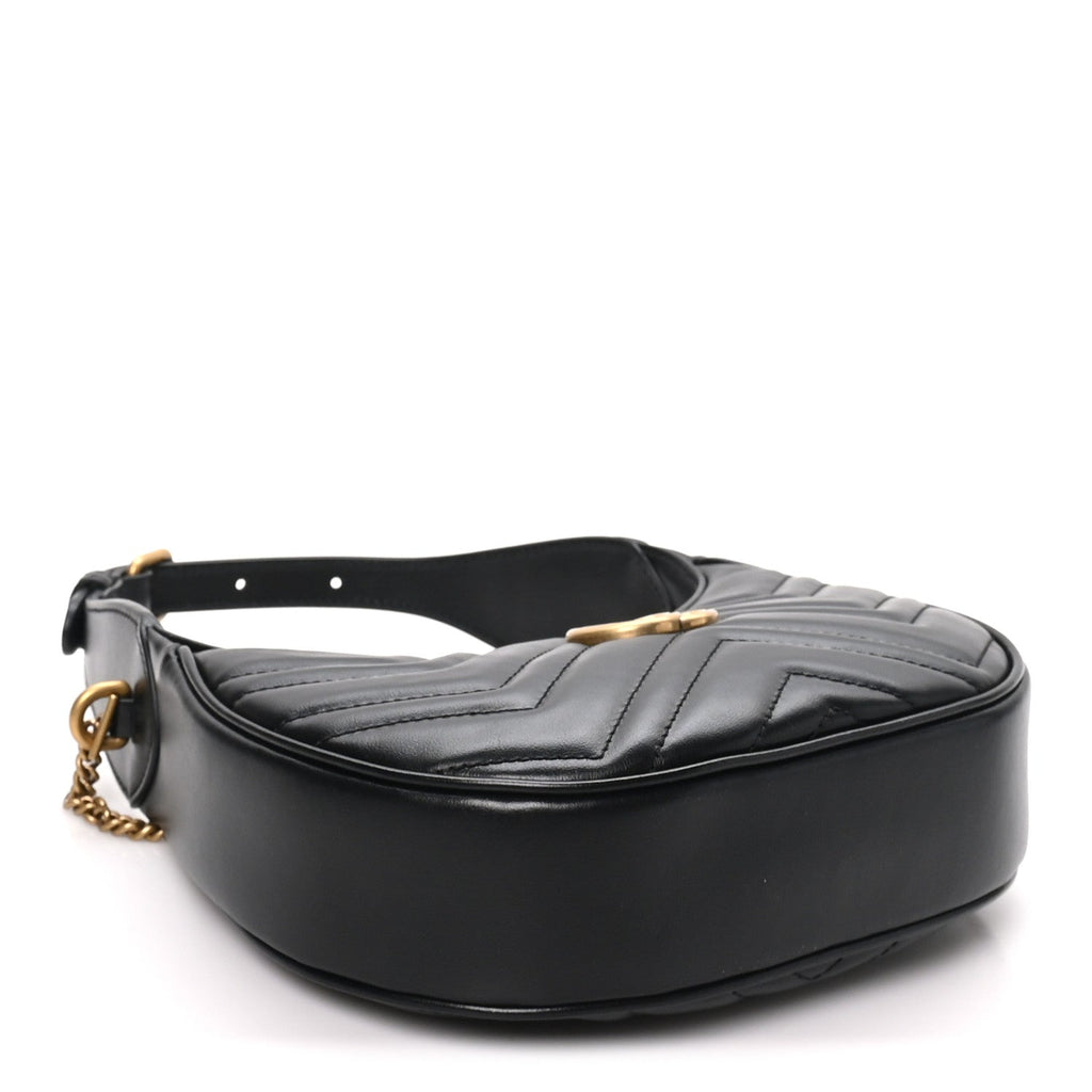 Calfskin Matelasse Chevron Mini GG Marmont Half Moon Hobo Black