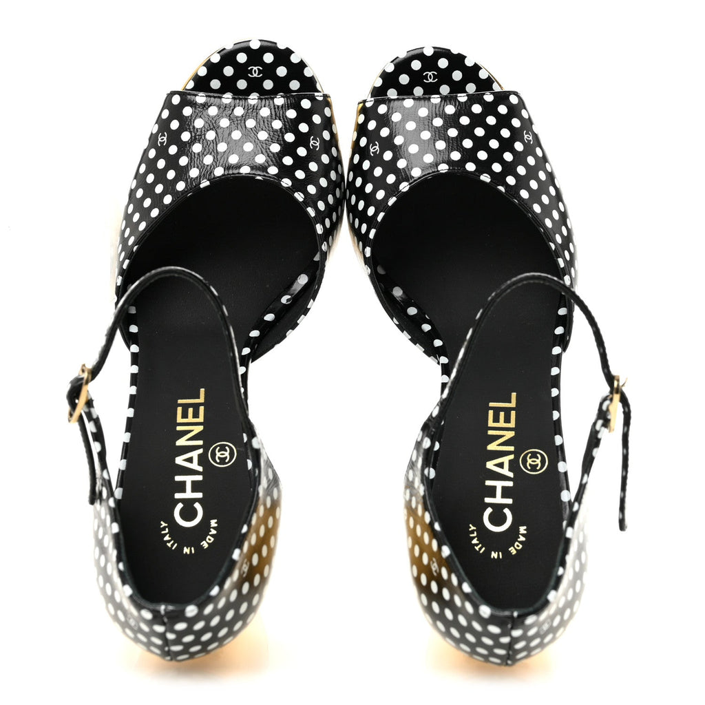 Printed Calfskin Polka Dot CC Platform Sandals 37 Black White