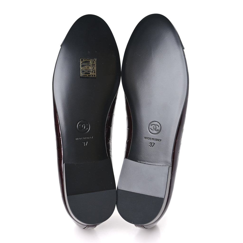 Patent Calfskin Crocodile Embossed Ballerina Flats 37 Dark Burgundy Black