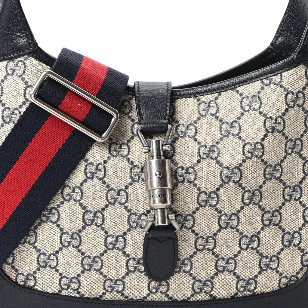 GG Supreme Monogram Textured Dollar Calfskin Web Small Jackie 1961 Hobo Beige Blue
