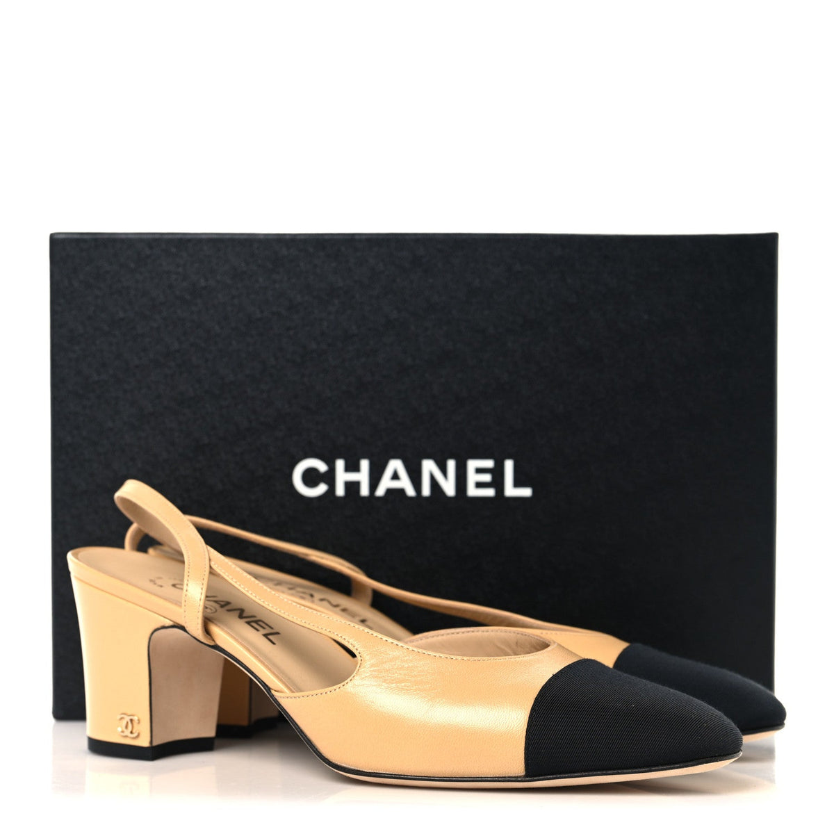 Goatskin Grosgrain Cap Toe CC Slingback Pumps 40.5 Beige Black