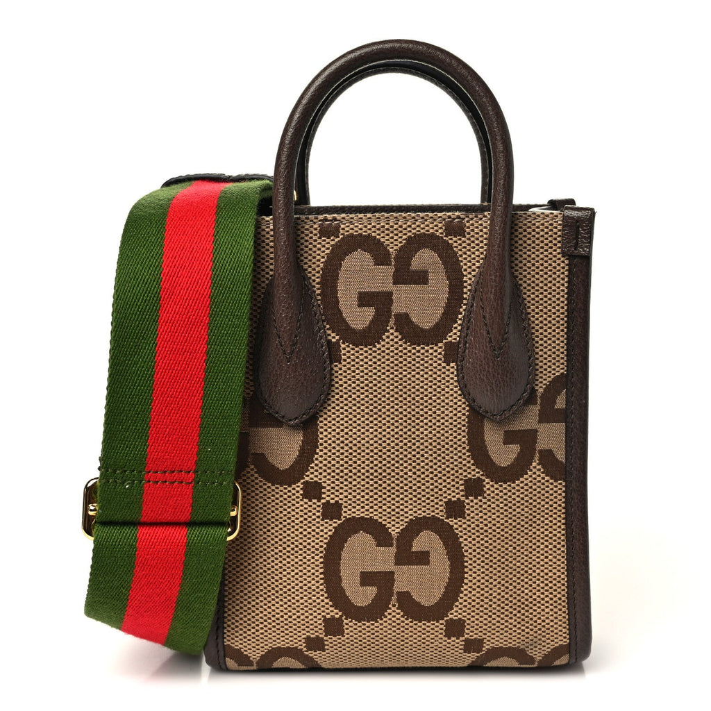 Monogram Jumbo GG Textured Dollar Calfskin Web Mini Vertical Tote Camel Ebony New Acero