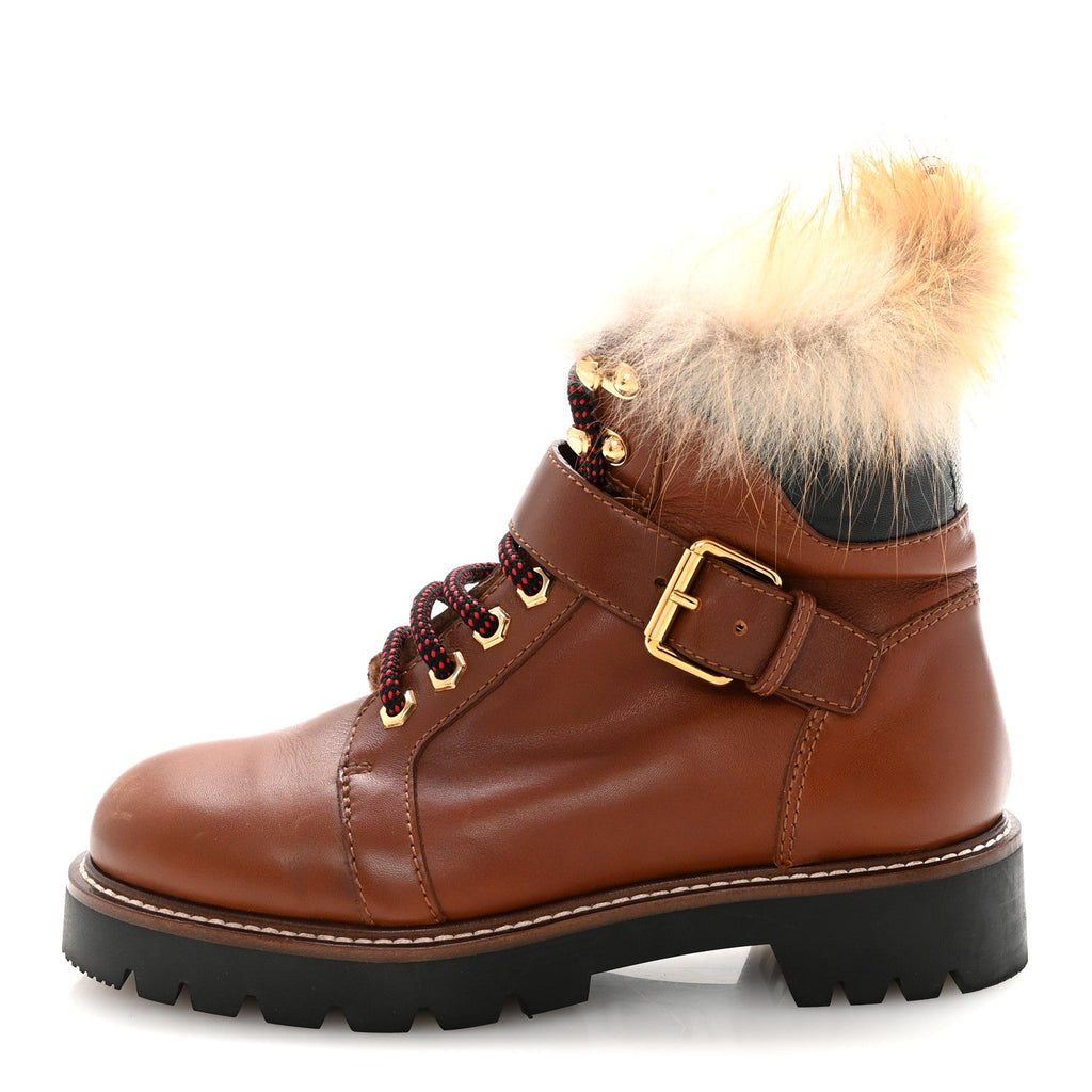 Calfskin Fur Territory Flat Ranger Combat Boots 37 Cognac