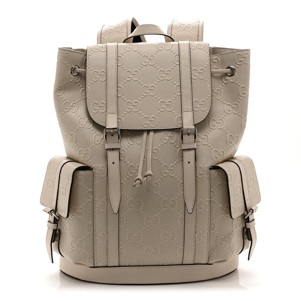 Piuma Calfskin Jumbo GG Embossed Double Buckle Backpack Mystic White