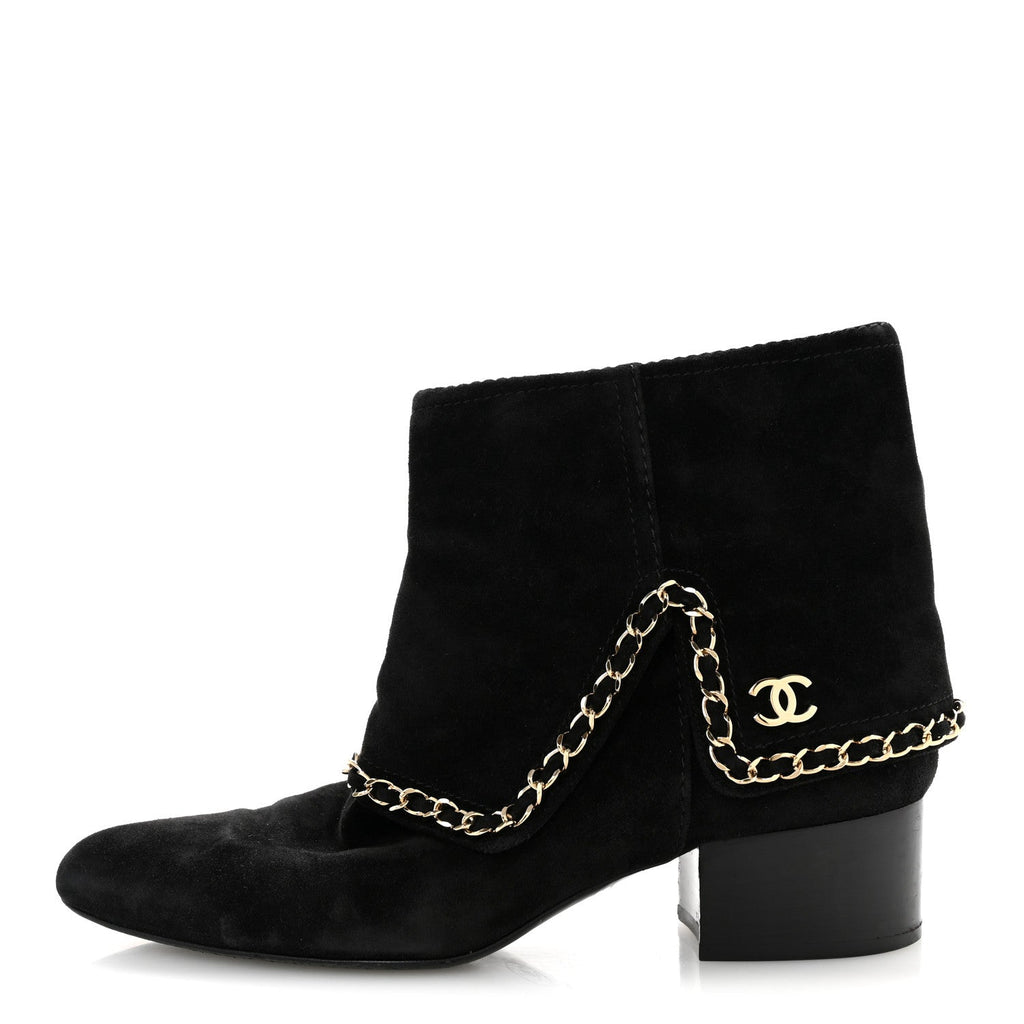Suede Calfskin Chain CC Short Boots 38 Black