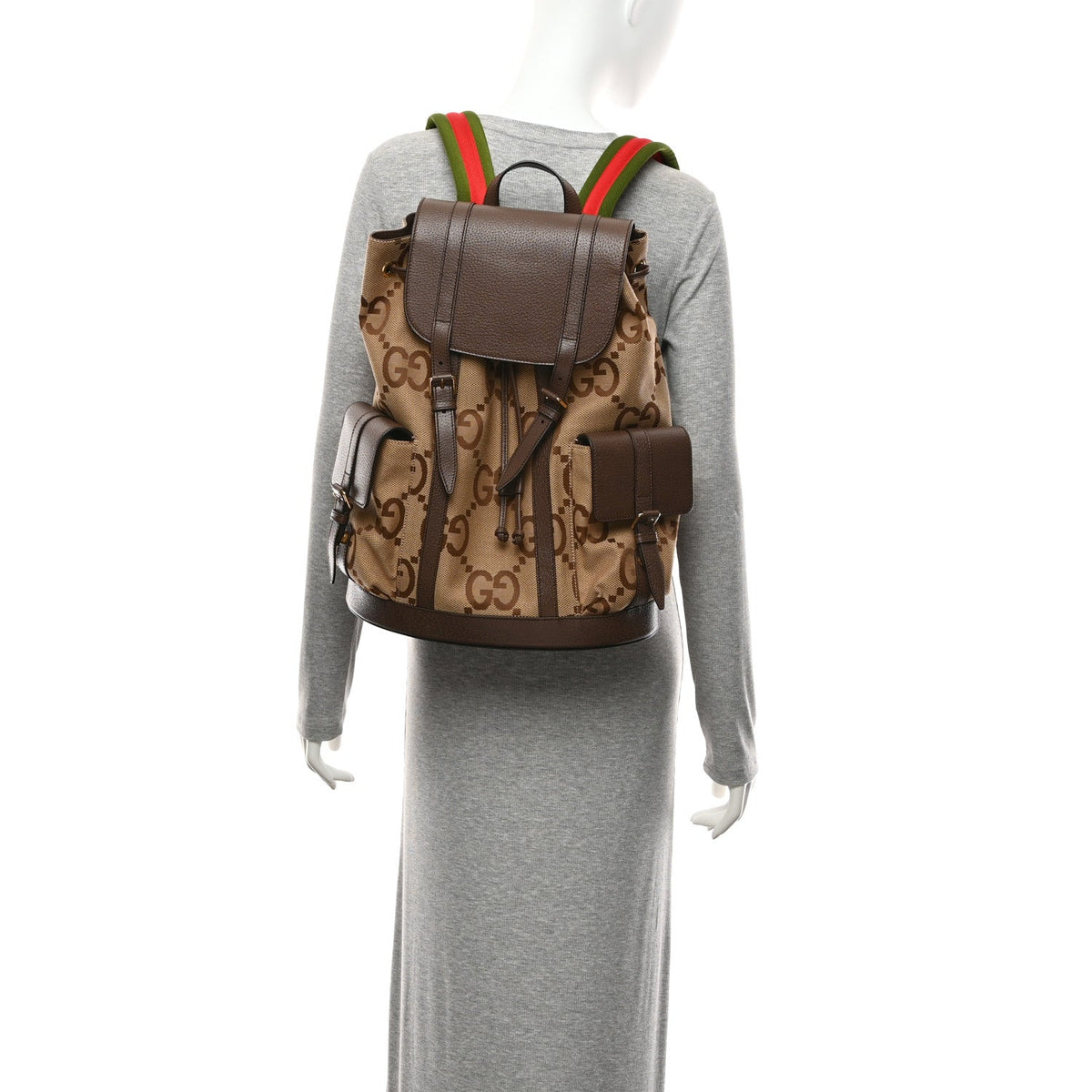 Monogram Jumbo GG Textured Dollar Calfskin Web Double Buckle Backpack Camel Ebony New Acero